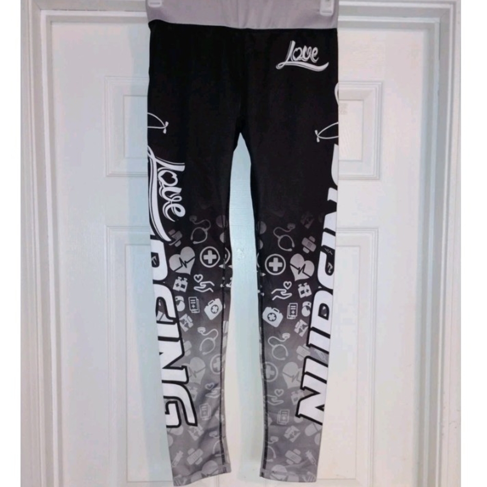 Stylish Love Nursing Graphic Black and Gray Leggings Sz L ISO